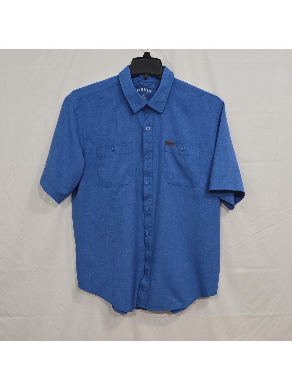 Orvis Classic Men's XL Blue Solid Short Sleeve Button-Up Shirt Pockets